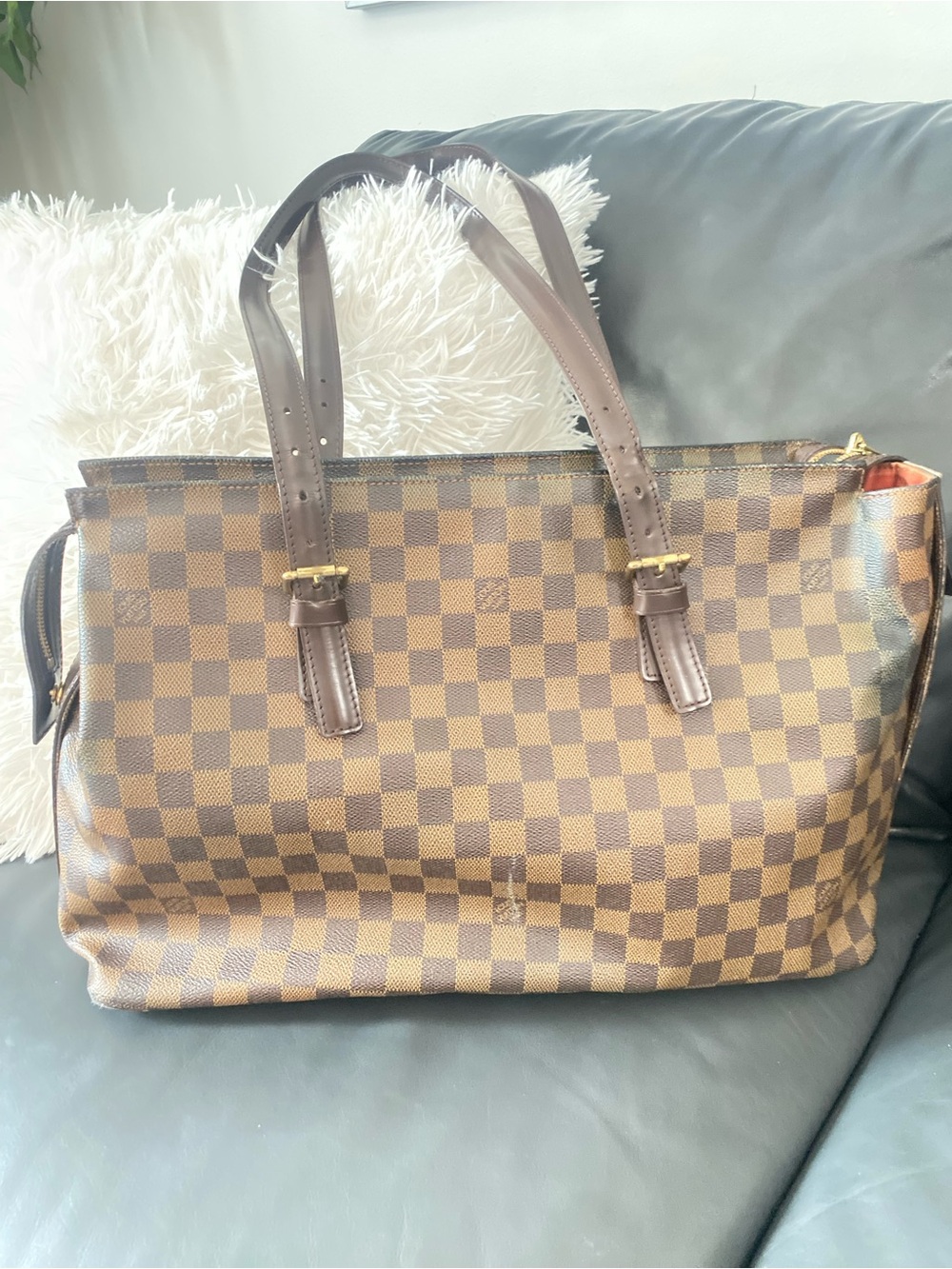 Louis Vuitton Brown Damier Ebene Checkered Tote with Dark Brown Straps- see note